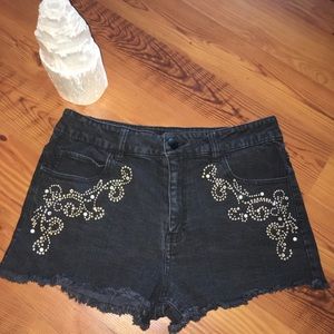 High waisted Black Denim Shorts with Embellishment